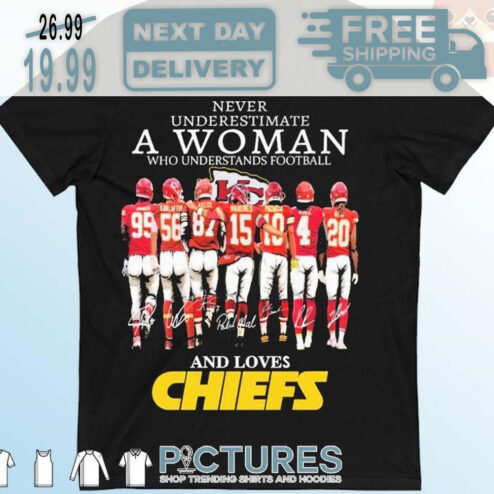 Never Underestimate A Woman Who Understands Football And Loves Kansas City Chiefs Super Bowl NFL LVIII Signatures Shirt