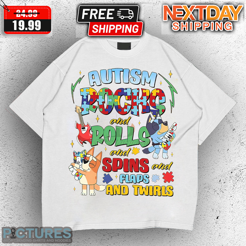 Bluey Bingo Autism Rocks And Rolls And Spins And Flaps And Twirls Autism Awareness Shirt
