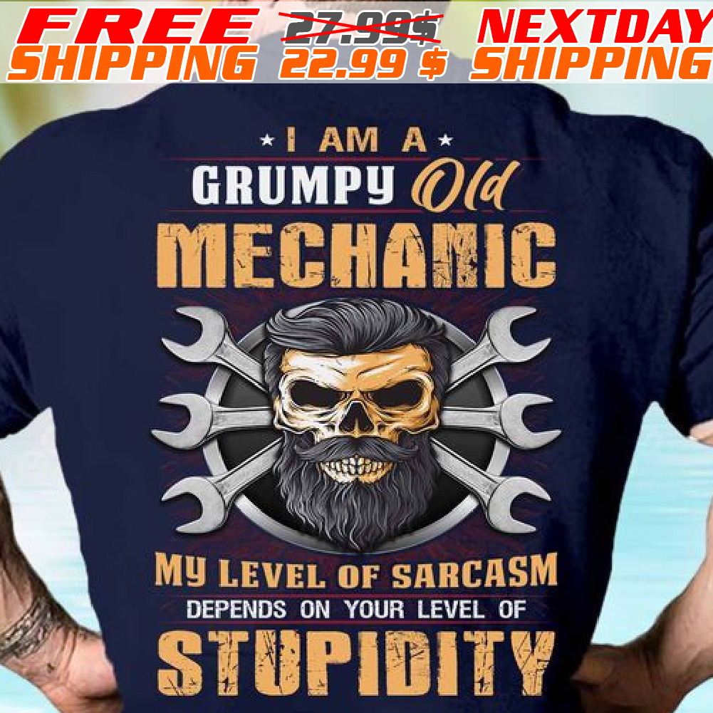 Skull I Am A Grumpy Old Mechanic My Level Of Sarcasm Depends On Your Level Of Stupidity Shirt