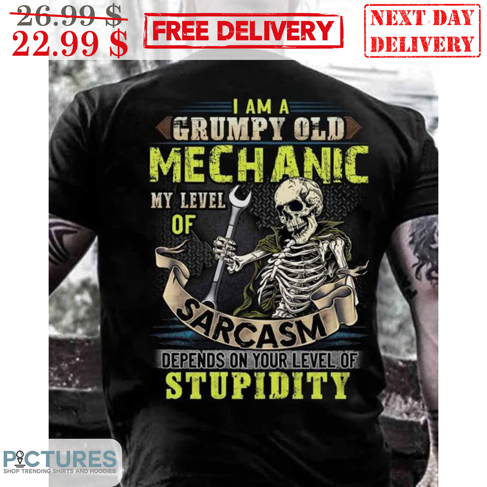Skull I Am A Grumpy Old Mechanic My Level Of Sarcasm Depends On Your Level Of Stupidity Shirt