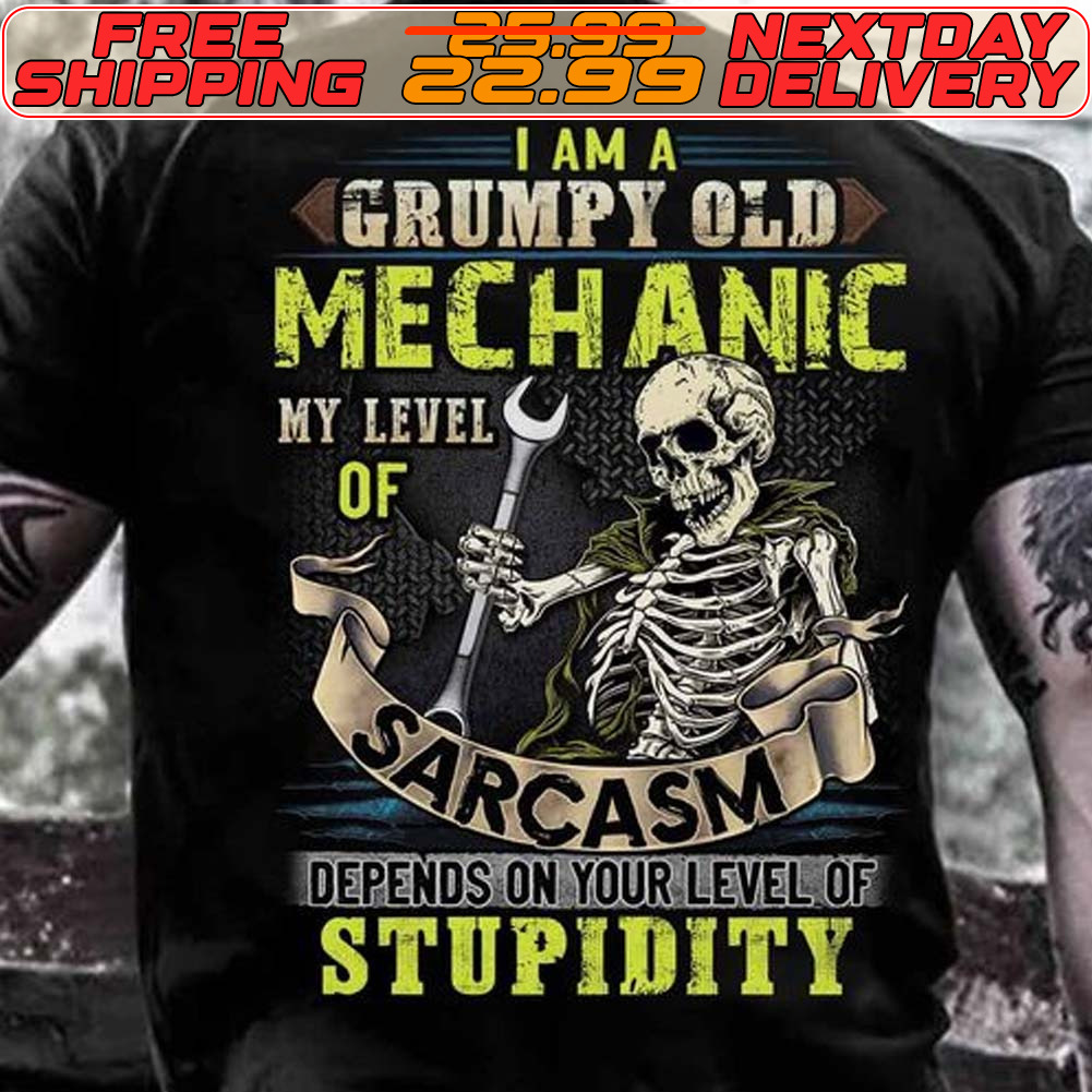 Skeleton I Am A Grumpy Old Mechanic My Level Of Sarcasm Depends On Your Level Of Stupidity Shirt
