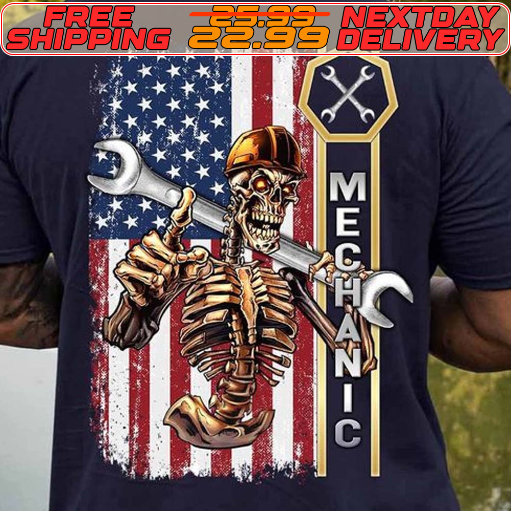 Skeleton Tools Mechanic American Flag Shirt