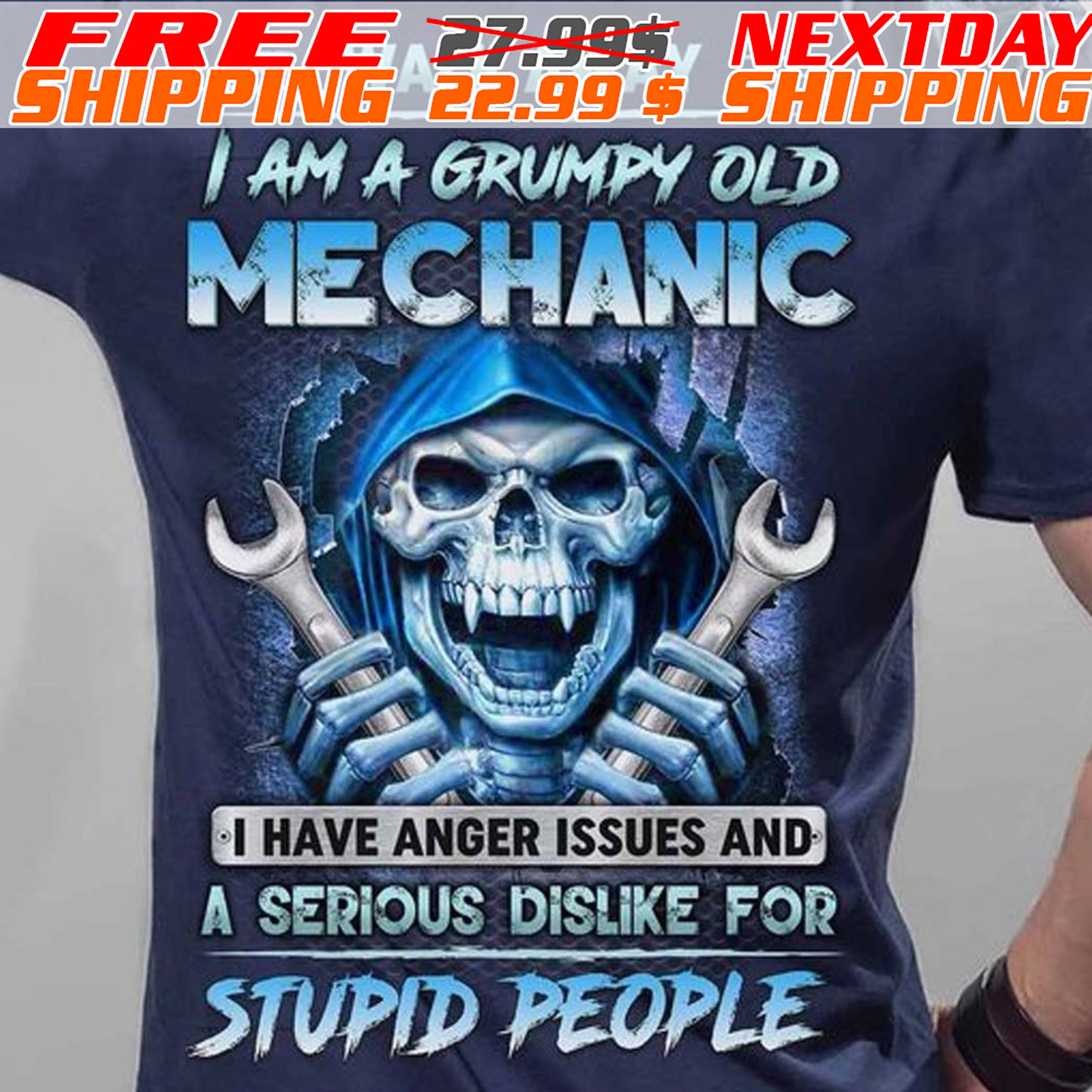 Skull Tools Walk Away I Am A Grumpy Old Mechanic I Have Anger Issues And A Serious Dislike For Stupid People Shirt