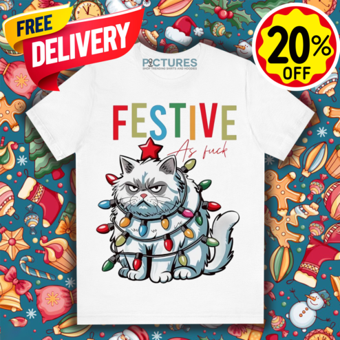 Angry Cat Festive As Fuck Christmas Tree 2024 Shirt