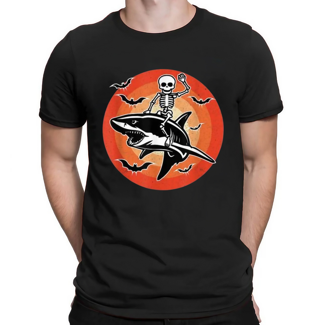 Halloween Skeleton Riding Mummy Shark Shirt