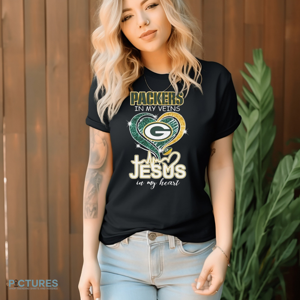 Green Bay Packers In My Veins Jesus In My Heart Diamond Shirt