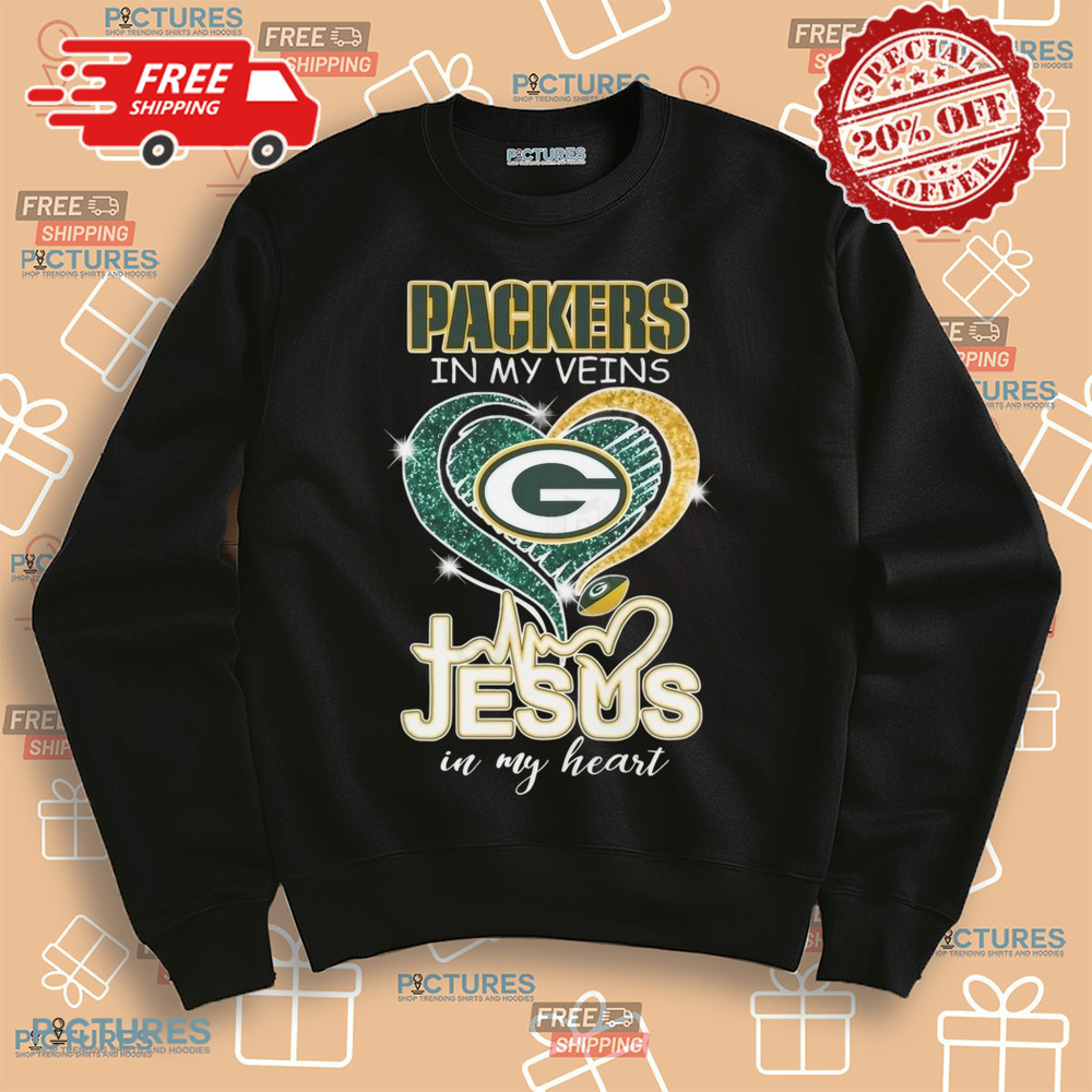 Green Bay Packers In My Veins Jesus In My Heart Diamond Shirt
