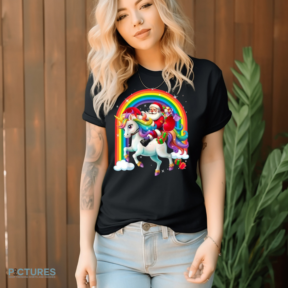 Merry Christmas 2024 santa riding unicorn xmas shirt