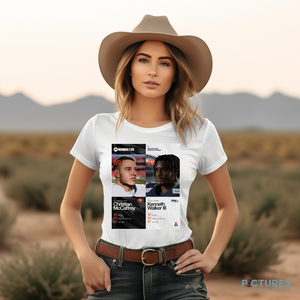 Running Back Matchup Ratings San Francisco 49ers Christian McCaffrey Vs Seattle Seahawks Kenneth Walker III Madden NFL 25 Poster Shirt Running Back Matchup Ratings San Francisco 49ers Christian McCaffrey Vs Seattle Seahawks Kenneth Walker III Madden NFL 25 Poster Shirt