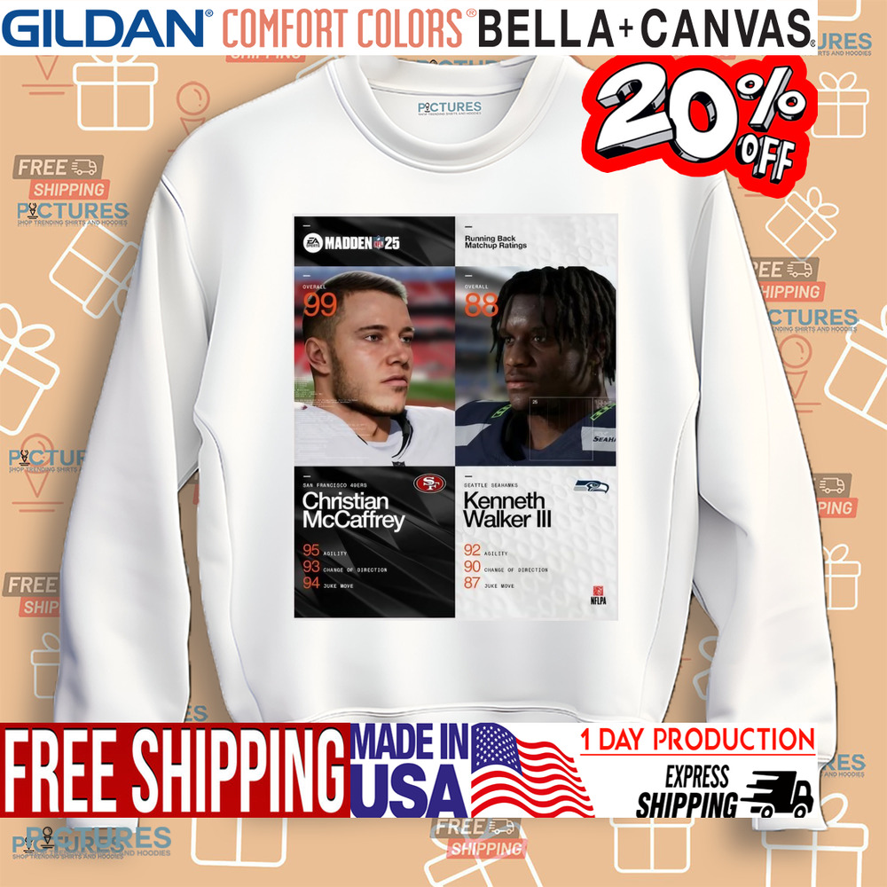 Running Back Matchup Ratings San Francisco 49ers Christian McCaffrey Vs Seattle Seahawks Kenneth Walker III Madden NFL 25 Poster Shirt Running Back Matchup Ratings San Francisco 49ers Christian McCaffrey Vs Seattle Seahawks Kenneth Walker III Madden NFL 25 Poster Shirt