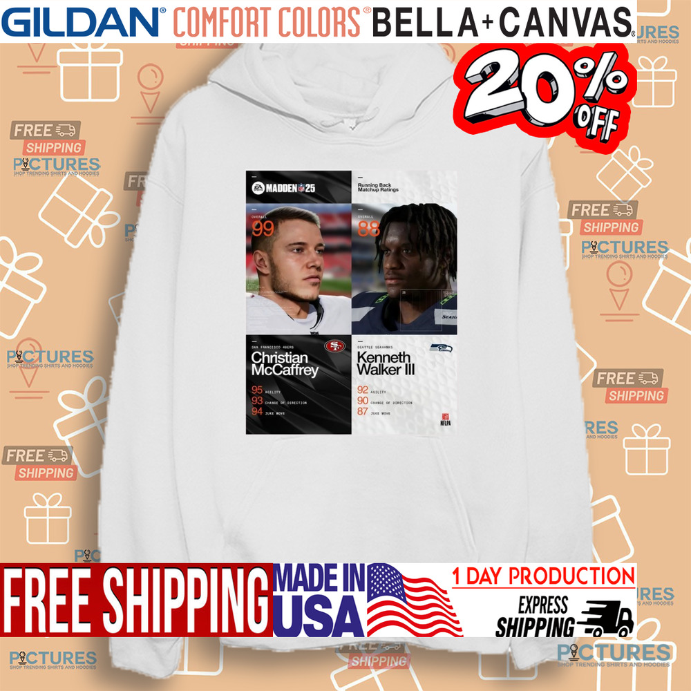 Running Back Matchup Ratings San Francisco 49ers Christian McCaffrey Vs Seattle Seahawks Kenneth Walker III Madden NFL 25 Poster Shirt Running Back Matchup Ratings San Francisco 49ers Christian McCaffrey Vs Seattle Seahawks Kenneth Walker III Madden NFL 25 Poster Shirt