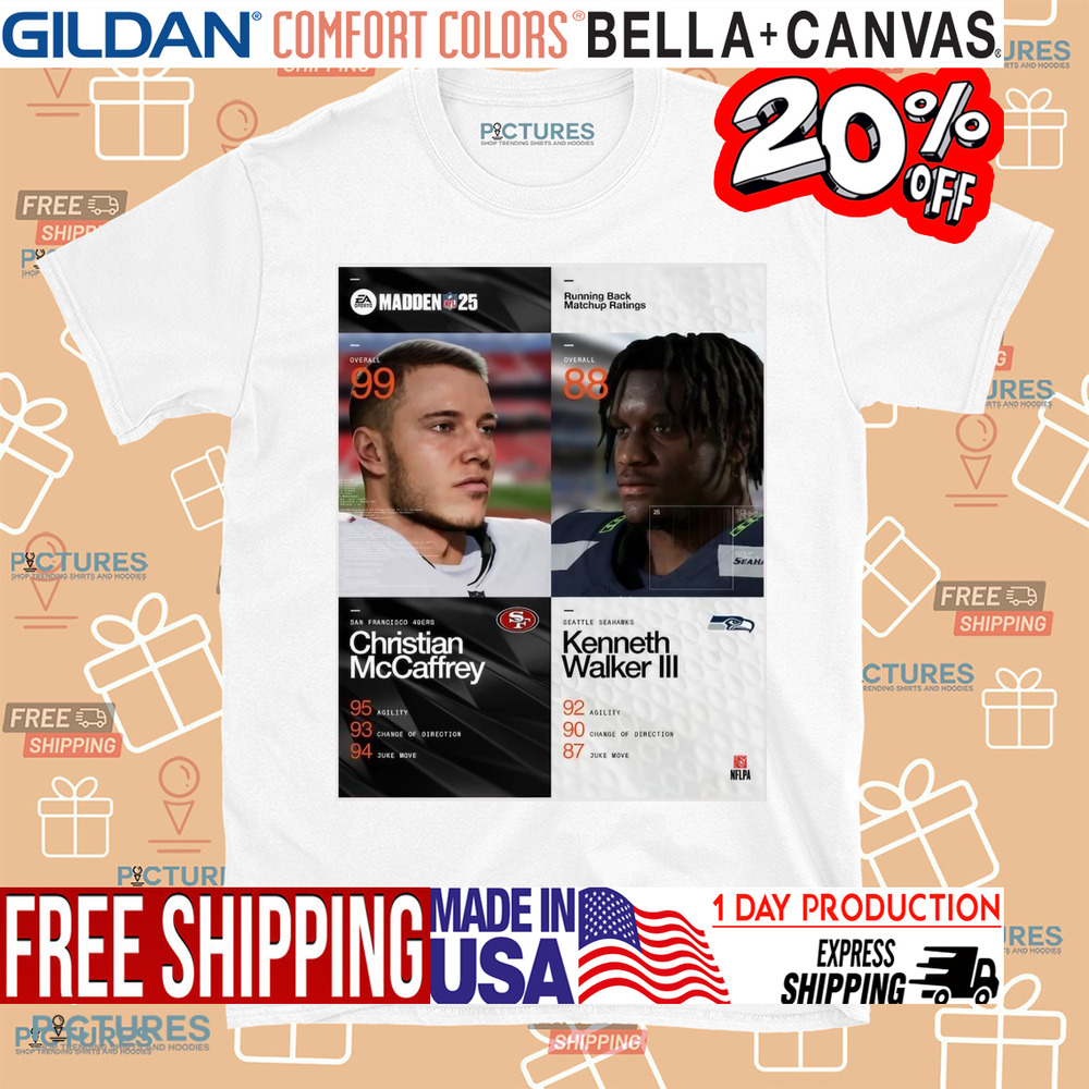 Running Back Matchup Ratings San Francisco 49ers Christian McCaffrey Vs Seattle Seahawks Kenneth Walker III Madden NFL 25 Poster Shirt Running Back Matchup Ratings San Francisco 49ers Christian McCaffrey Vs Seattle Seahawks Kenneth Walker III Madden NFL 25 Poster Shirt