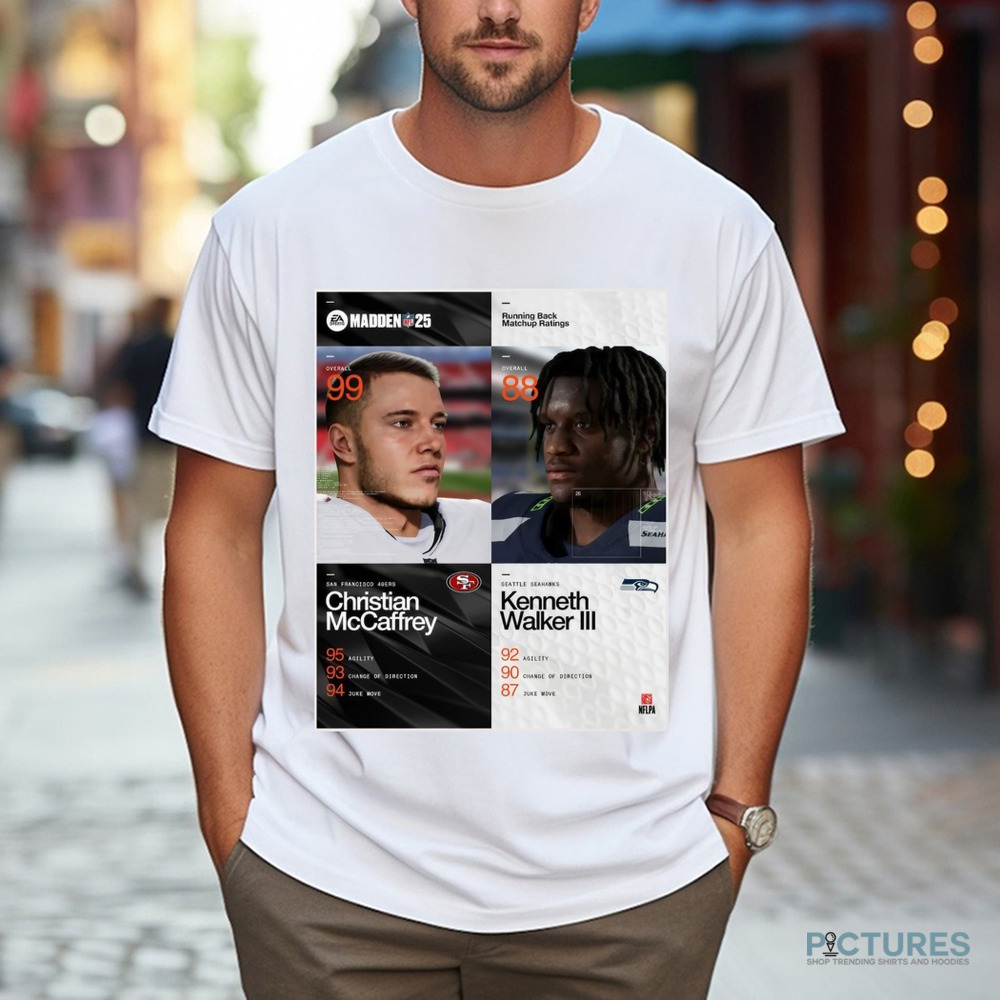 Running Back Matchup Ratings San Francisco 49ers Christian McCaffrey Vs Seattle Seahawks Kenneth Walker III Madden NFL 25 Poster Shirt Running Back Matchup Ratings San Francisco 49ers Christian McCaffrey Vs Seattle Seahawks Kenneth Walker III Madden NFL 25 Poster Shirt