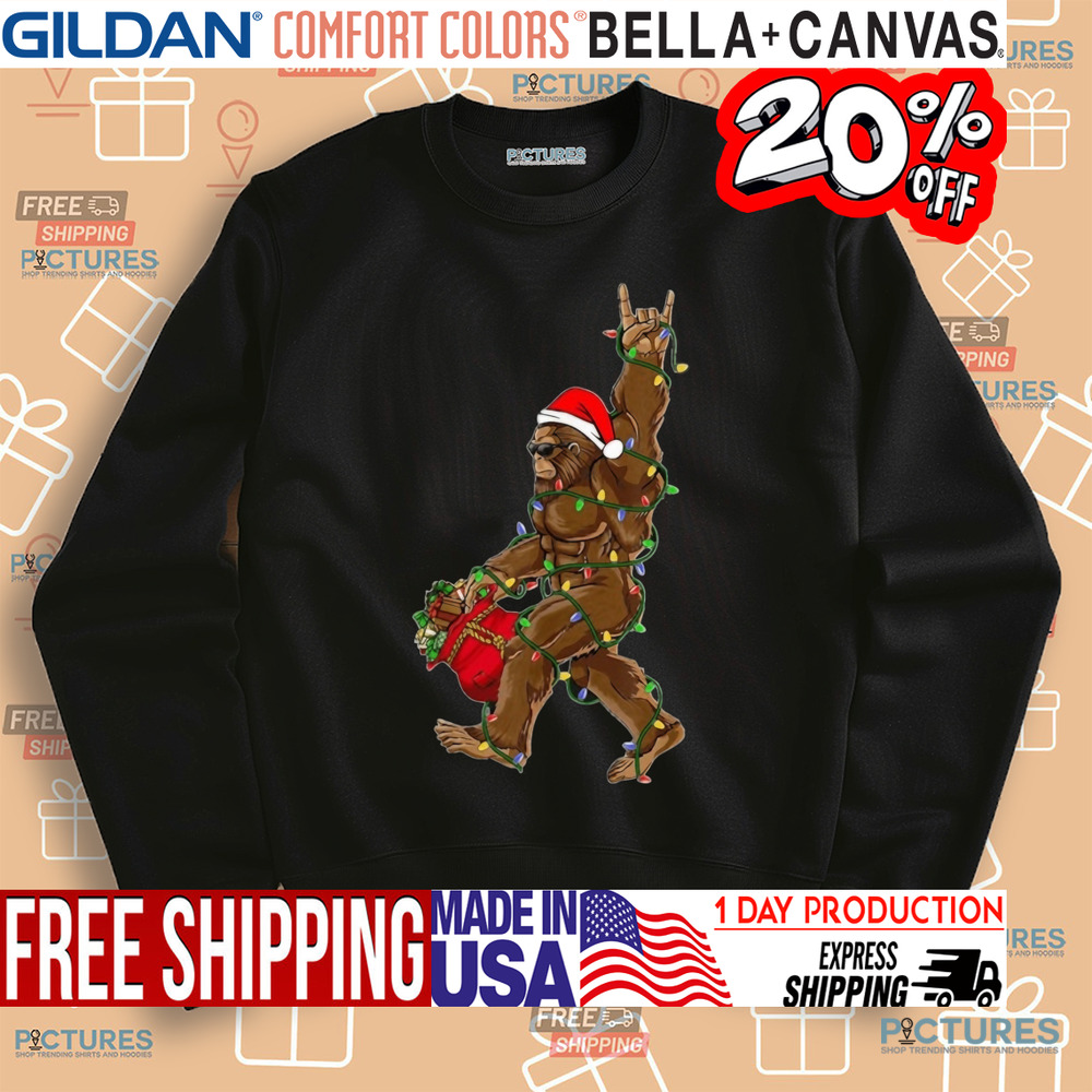 Santa Bigfoot Christmas Lights Rock Funny Sasquatch Believe Shirt