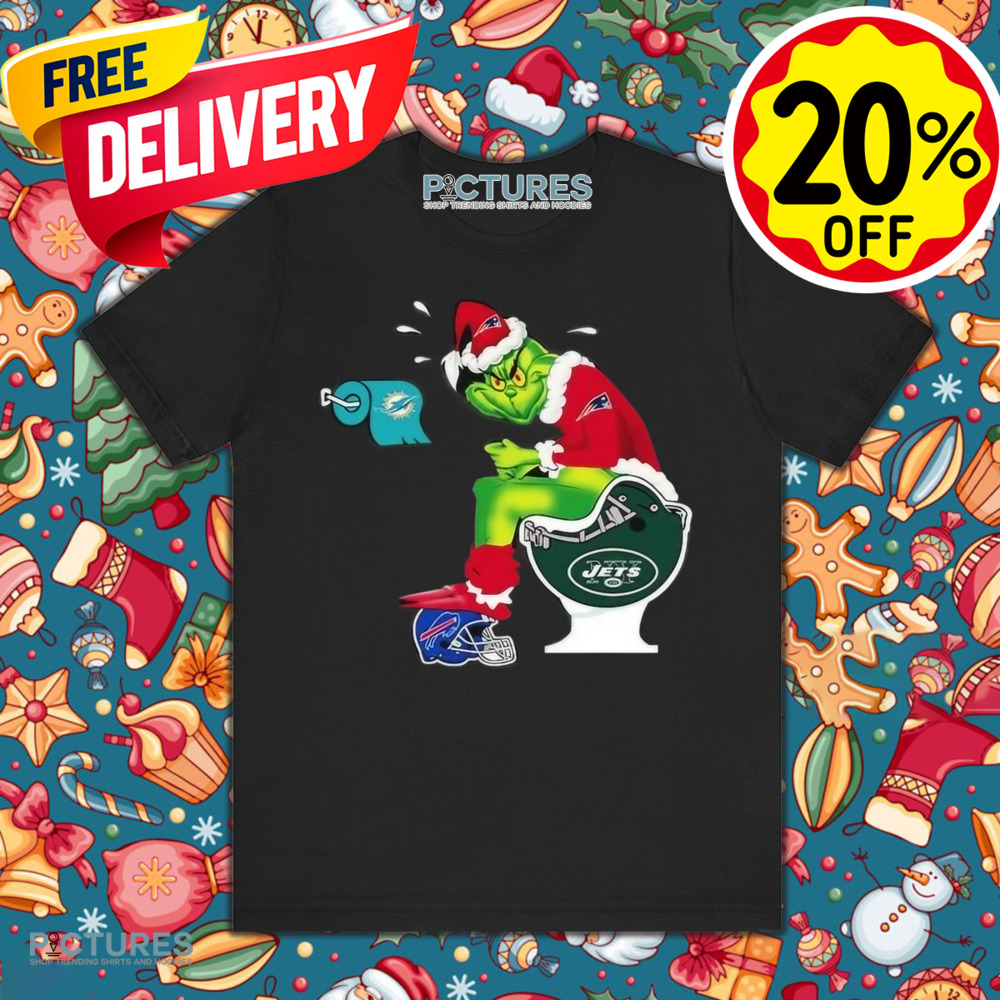 The Grinch Sitting On A Toilet Wearing A New England Patriot Toilet Miami Dolphins New York Jets Christmas Shirt