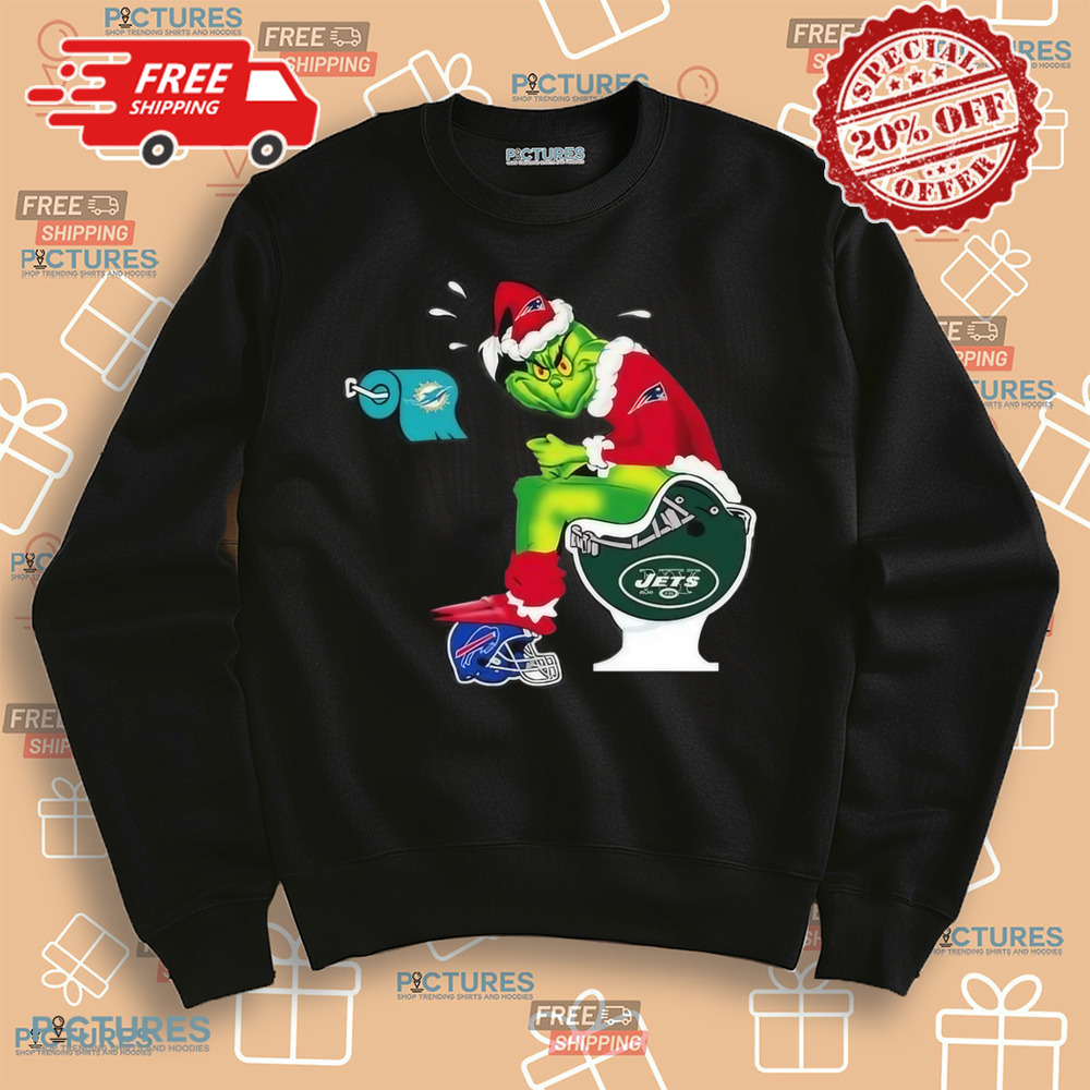 The Grinch Sitting On A Toilet Wearing A New England Patriot Toilet Miami Dolphins New York Jets Christmas Shirt