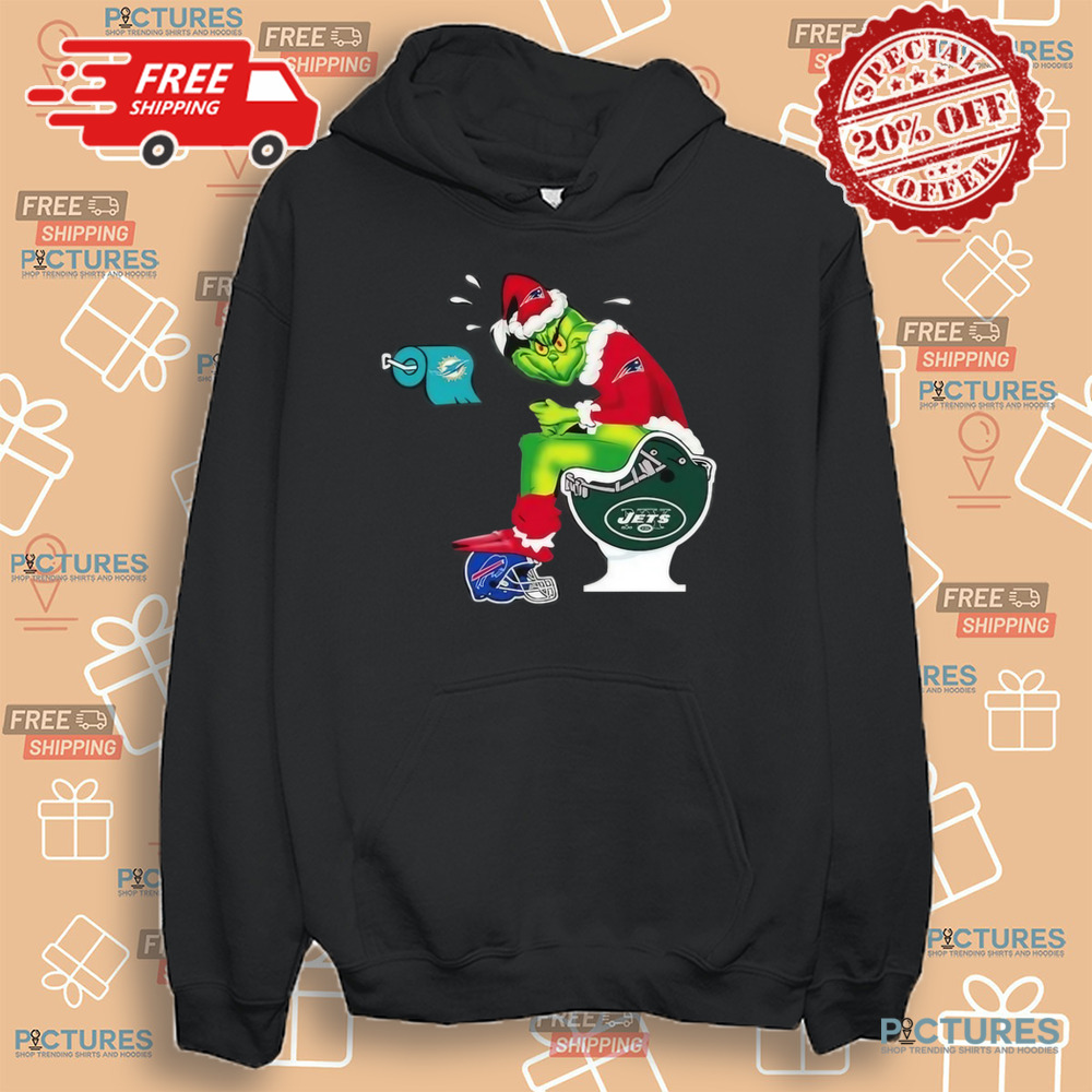 The Grinch Sitting On A Toilet Wearing A New England Patriot Toilet Miami Dolphins New York Jets Christmas Shirt