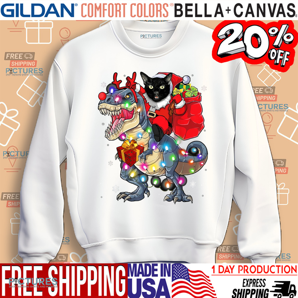 Cat Riding A Dinosaur T Rex Christmas Shirt