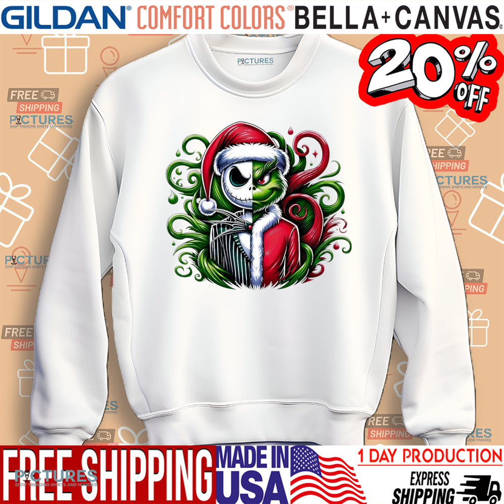 Jack Skellington Grinch Mash Up with santa hat Merry Christmas shirt