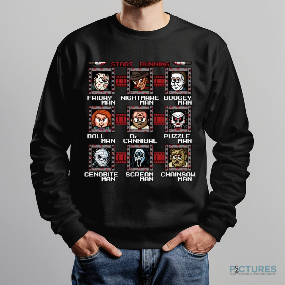 Mega Slashers Horror Sharacters Start Running Friday Man Nightmare Man Boogey Man Shirt