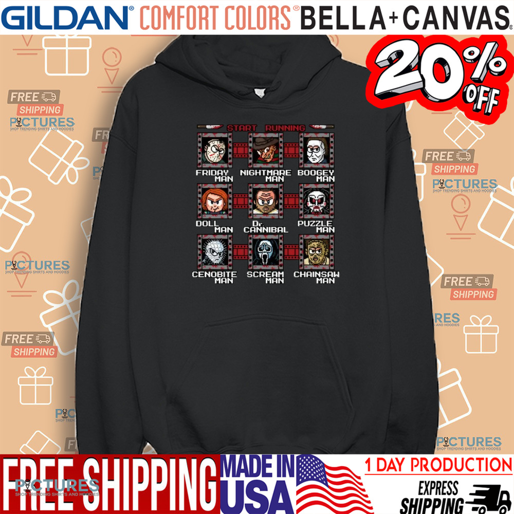 Mega Slashers Horror Sharacters Start Running Friday Man Nightmare Man Boogey Man Shirt