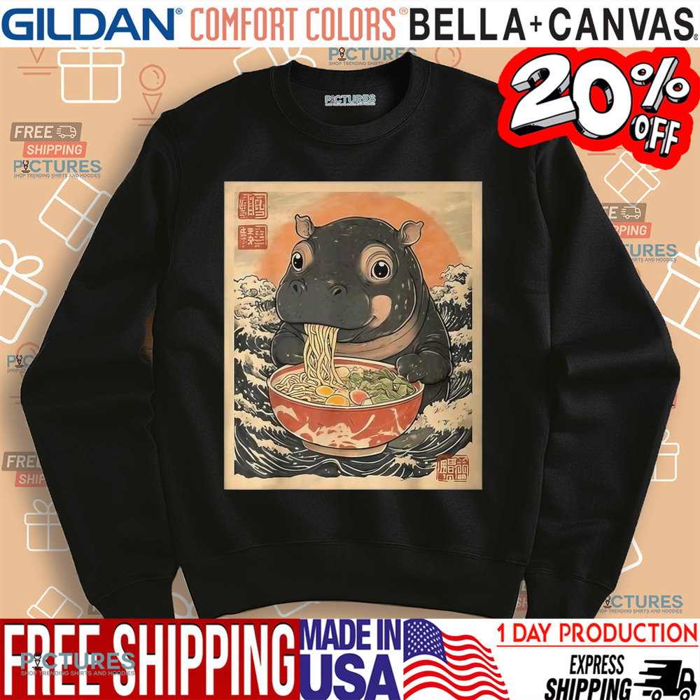 Moo Deng Hippo Eat Ramen For Japanese Style Fan Kawaii Anime Shirt