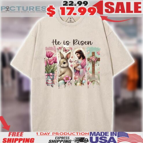 Jesus He Is Risen Bunny Flowers & Cross Religious Easter Shirt