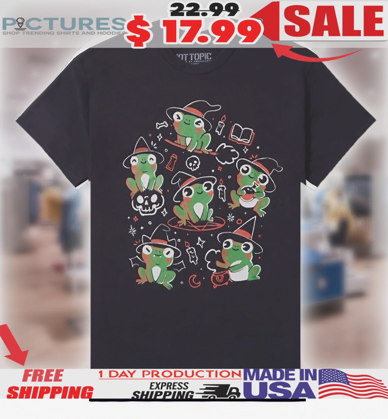 Jolly Spooky Frog Wearing Witch Hat Shirt