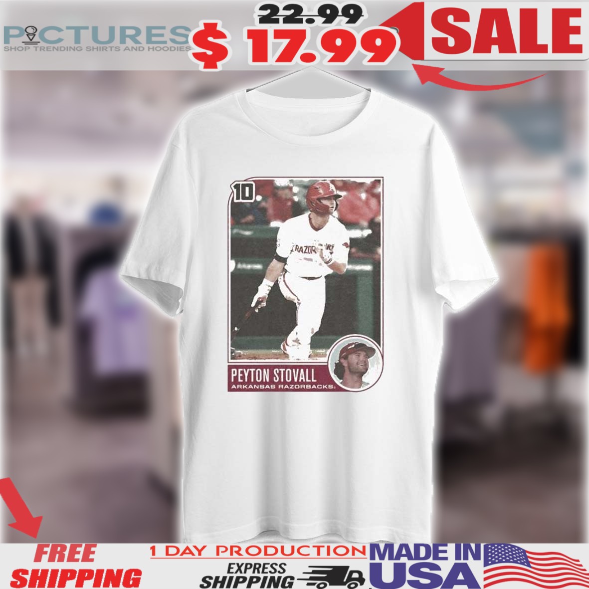 Peyton Stovall Baseball Card Arkansas Razorbacks Shirt