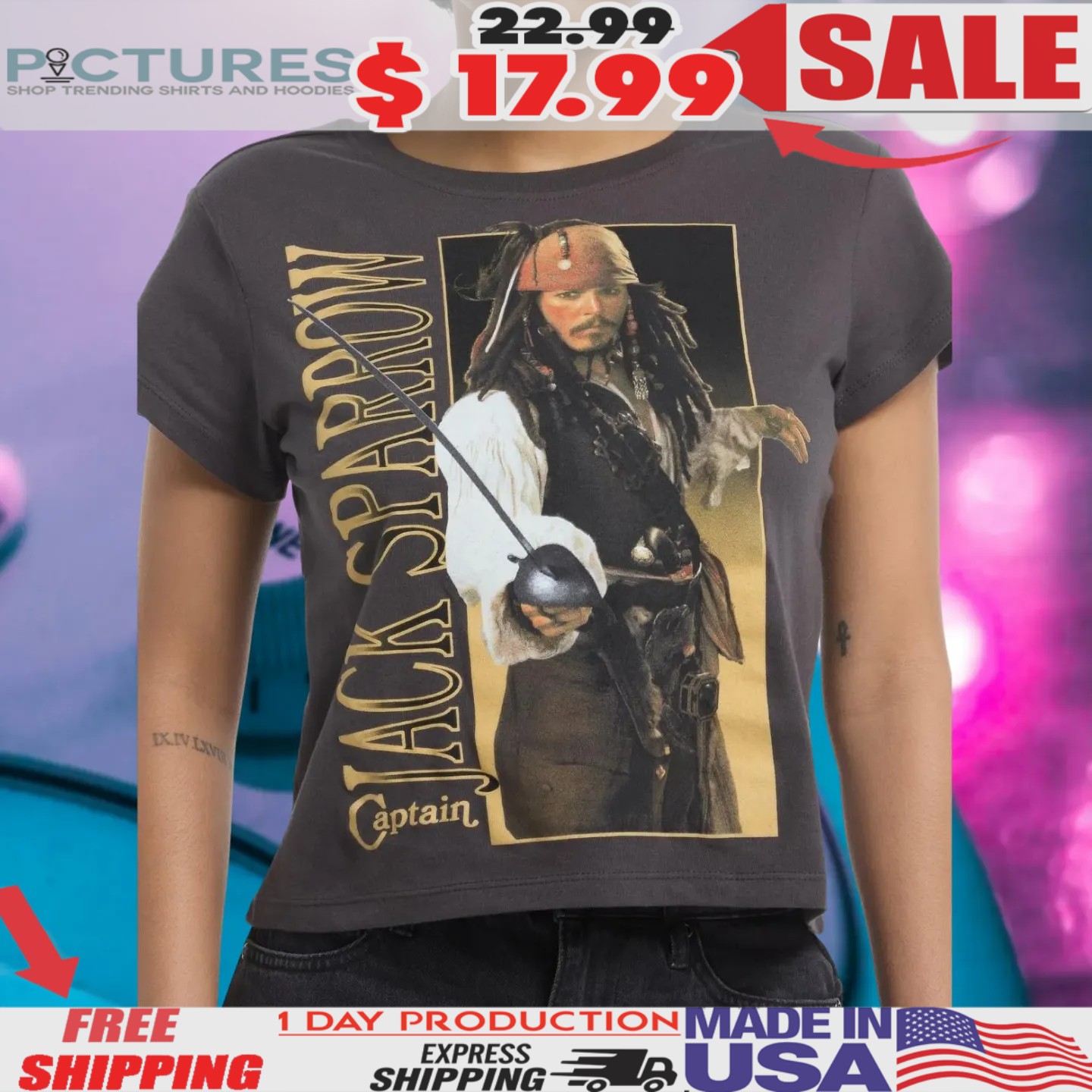 Pirates Of The Caribbean Jack Sparrow Photo Girls Skimmer Vintage Shirt
