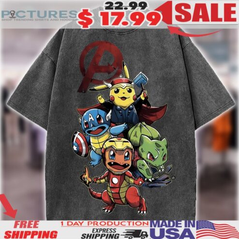 Pokémon Marvel Avengers Pikachu Thor Captain Squirtle Shirt