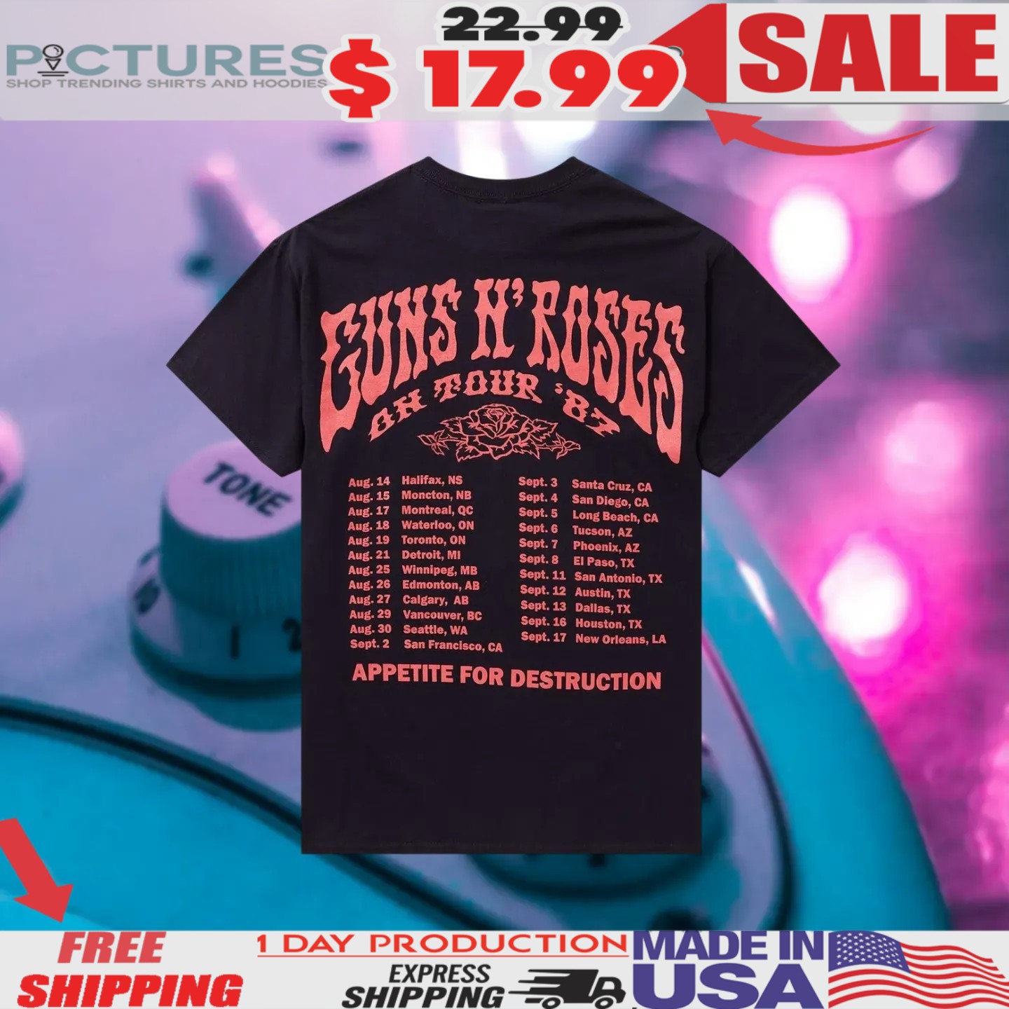 Skulls Guns N' Roses Oh '87 Tour Appetite For Destruction Roses Shirt