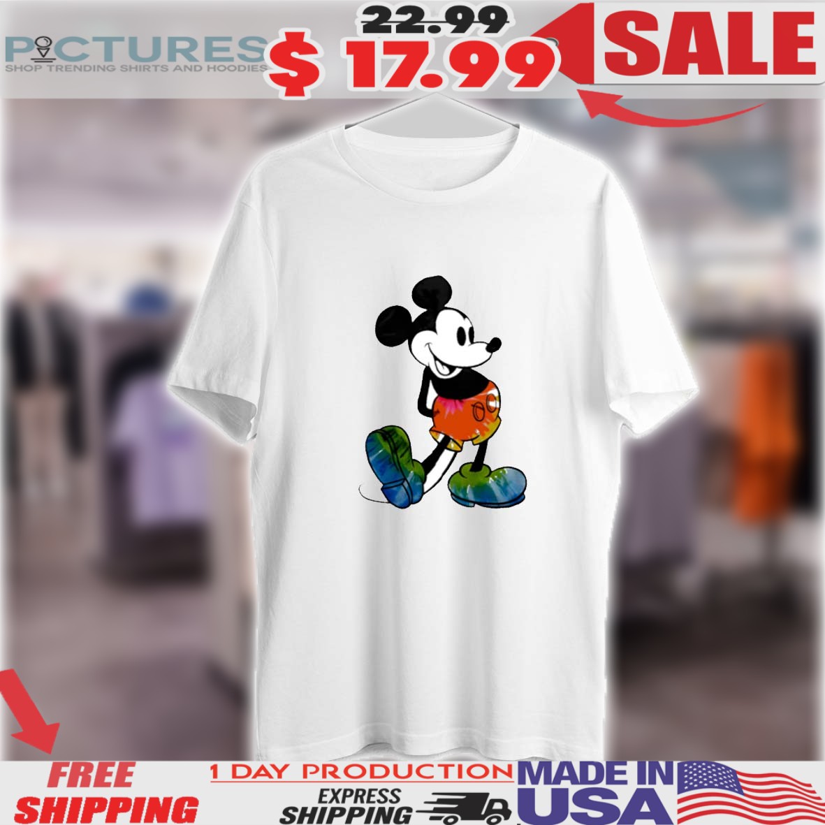 Colorful Tie Dye Mickey Mouse Retro Cartoon Smile Walking Graphic Shirt