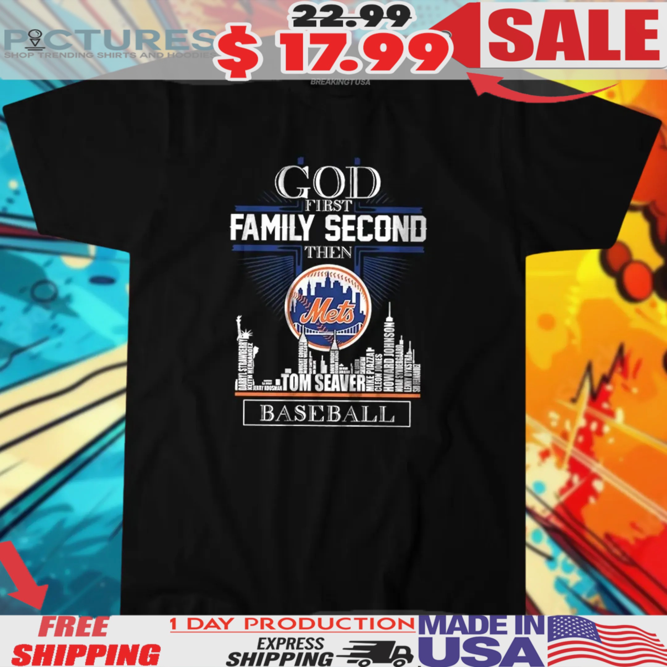 God First Family Second Then New York Mets Players Names City Skyline Shirt