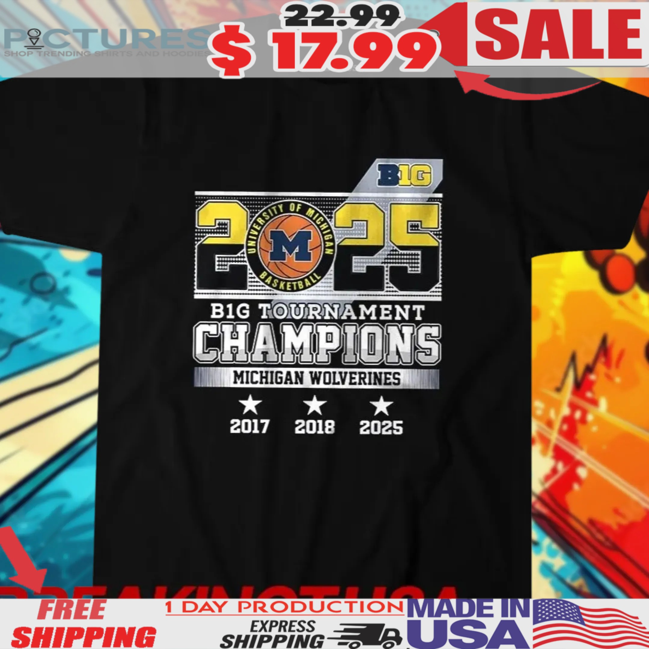 Michigan Wolverines 2025 BIG Tournament Champions 3-Time Shirt