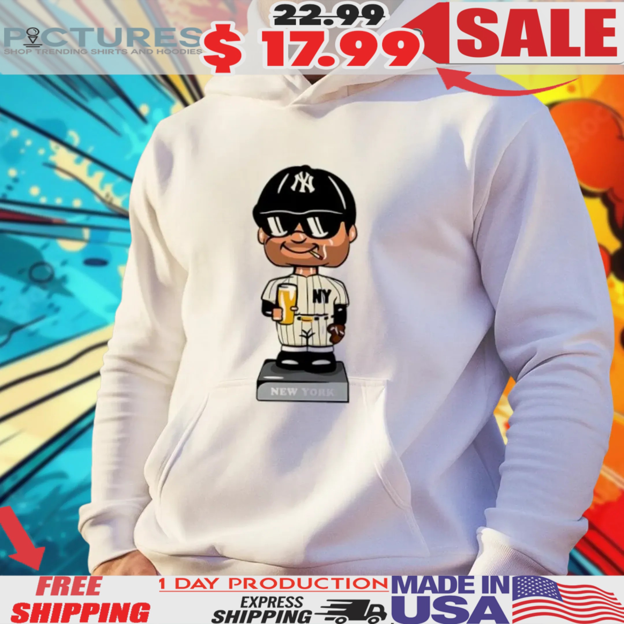 New York Yankees Beer Sunglasses Cigarette Cartoon Baseball Statue Shirt