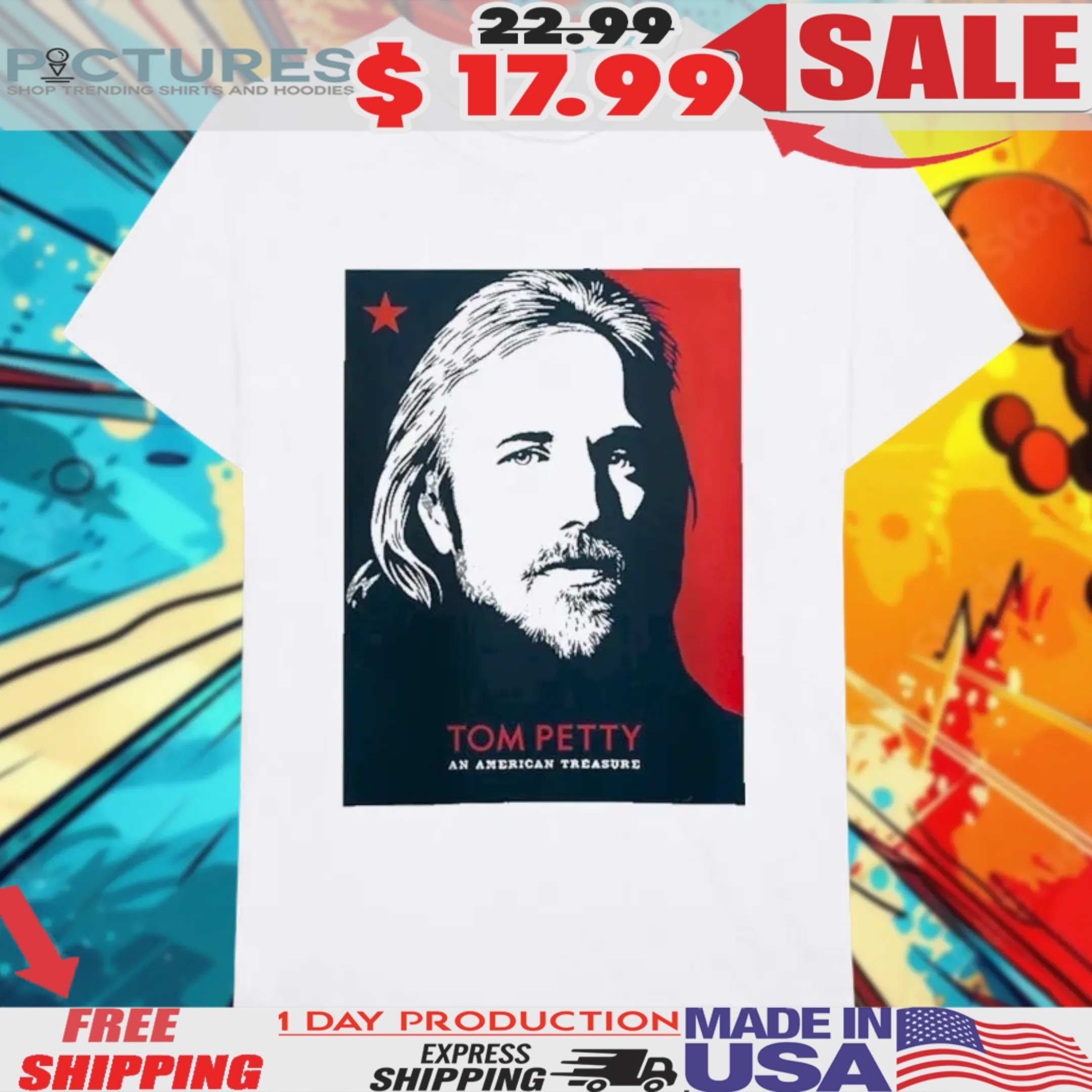 Tom Petty An American Treasure Lost & Found Blue And Red Shirt