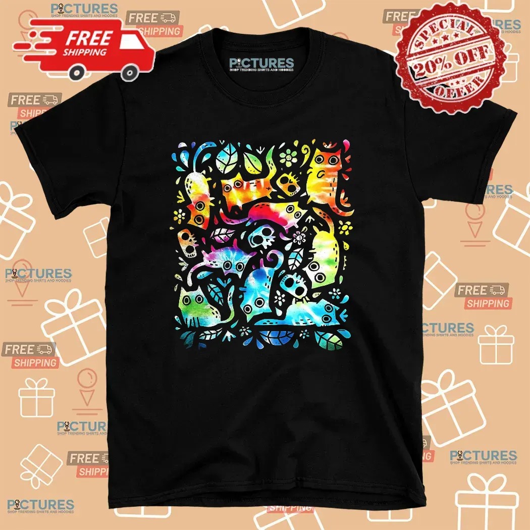 Colorful Cats And Skulls Nine Lives T Shirt