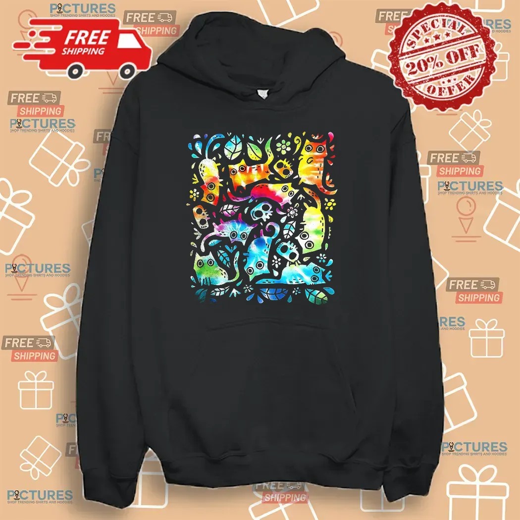 Colorful Cats And Skulls Nine Lives T Shirt