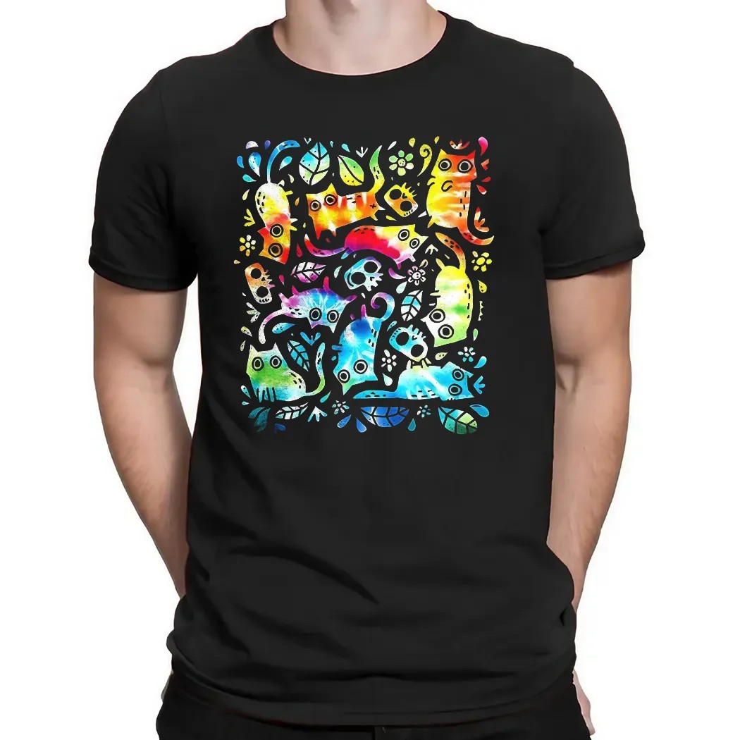 Colorful Cats And Skulls Nine Lives T Shirt