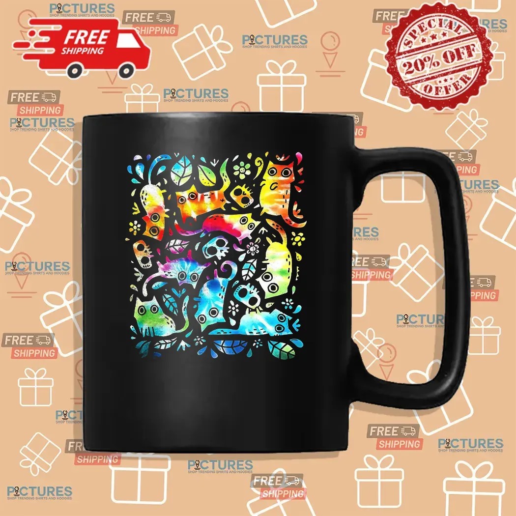 Colorful Cats And Skulls Nine Lives T Shirt