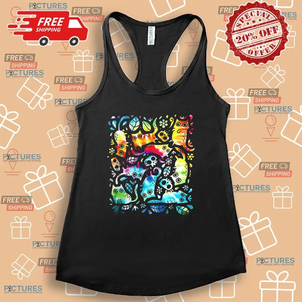 Colorful Cats And Skulls Nine Lives T Shirt