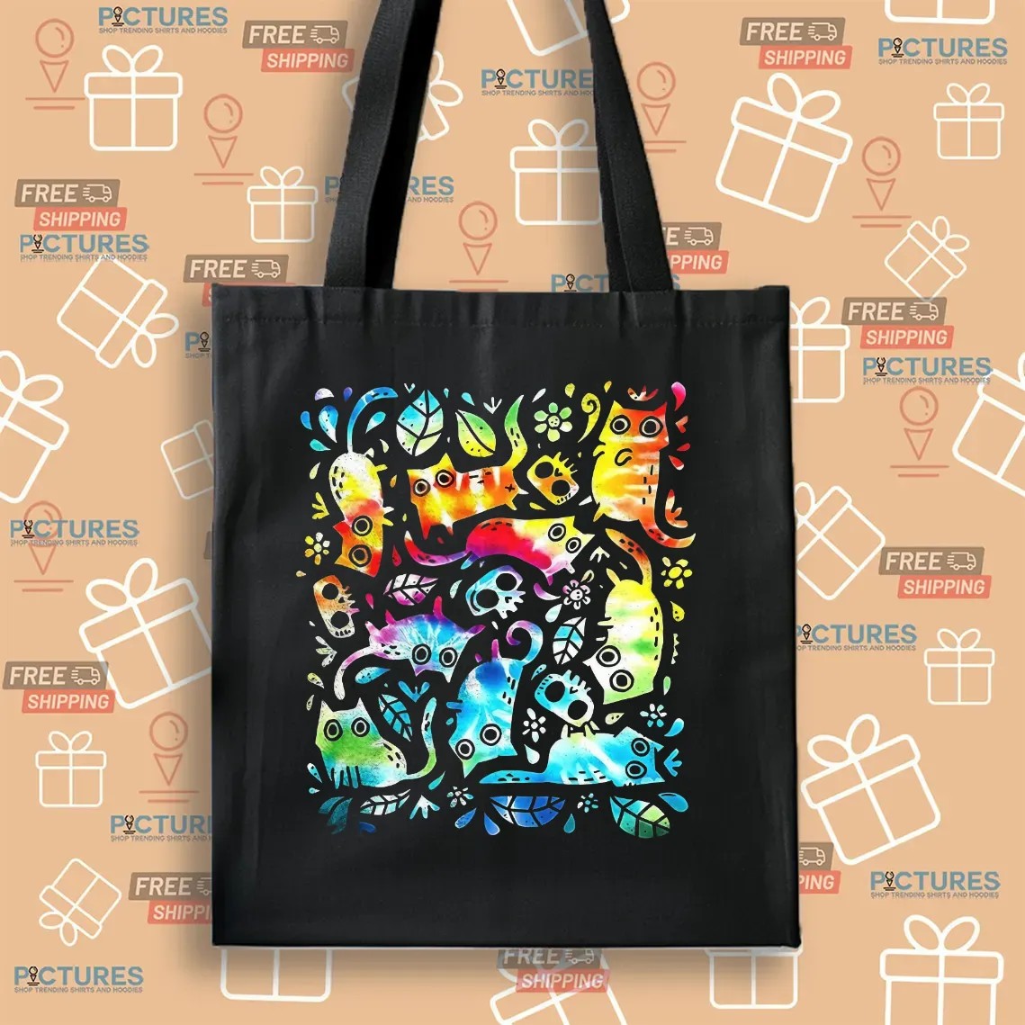 Colorful Cats And Skulls Nine Lives T Shirt