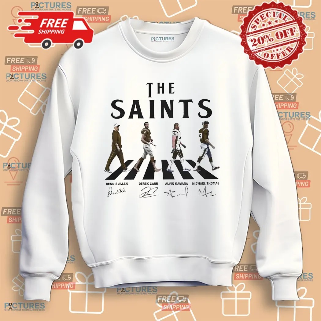 Derek Carr, Dennis Allen, Alvin Kamara, Michael Thomas New Orleans Saints Football Walking Abbey Road Signatures Shirt