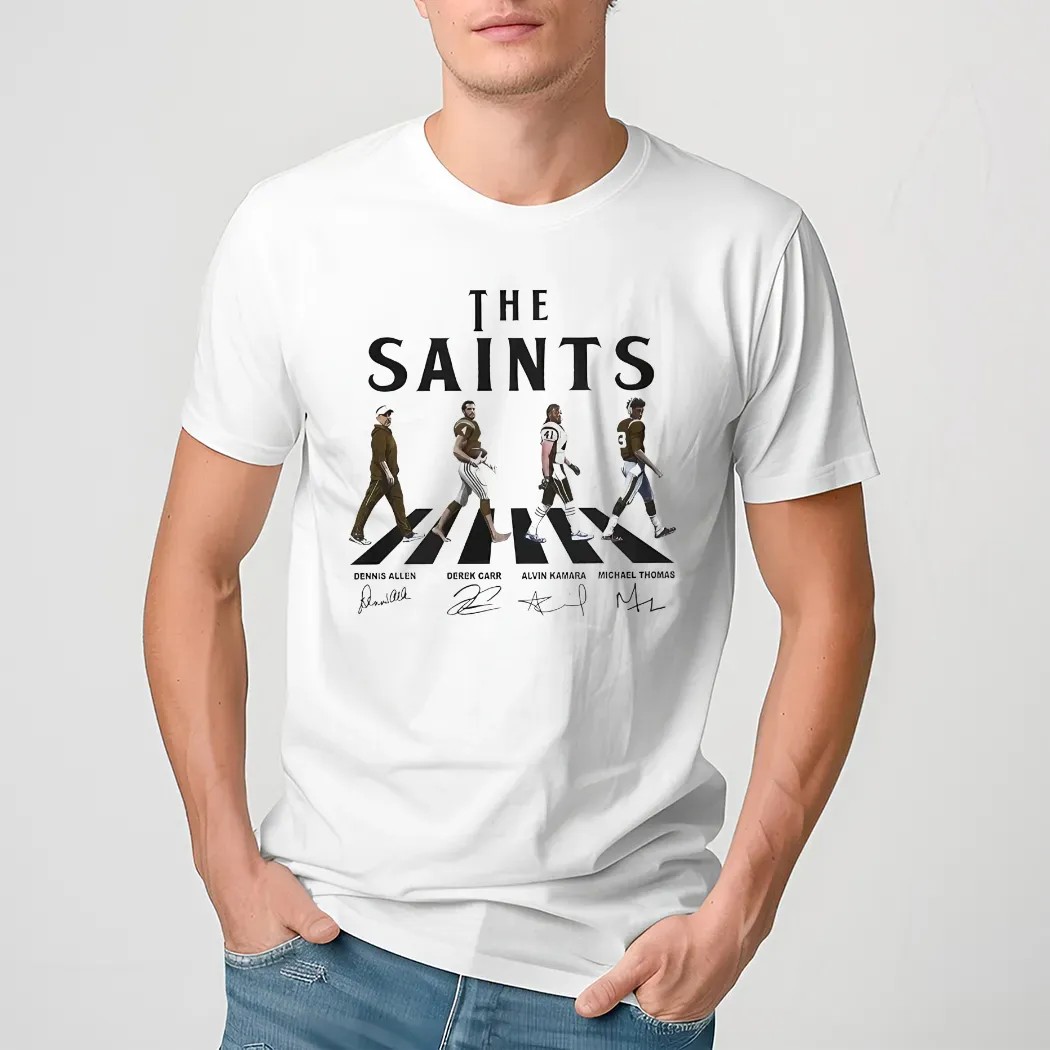 Derek Carr, Dennis Allen, Alvin Kamara, Michael Thomas New Orleans Saints Football Walking Abbey Road Signatures Shirt