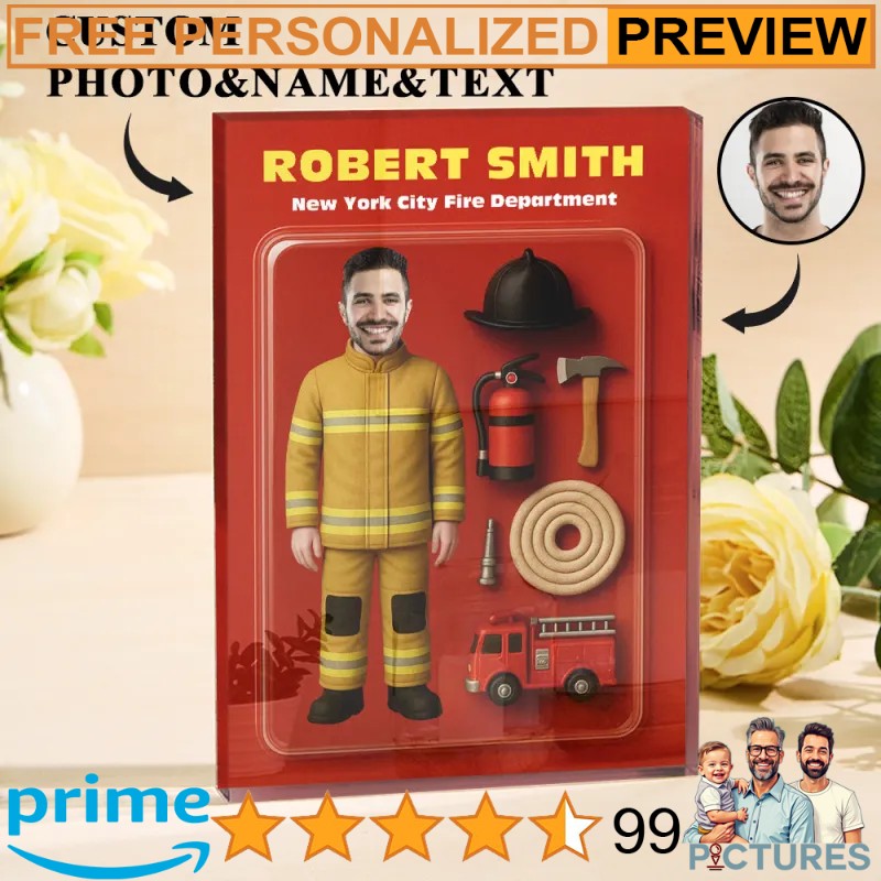 Firefighter Personalized 3D Effect Action Figure Customizable Head Packaging Acrylic Block Plaque