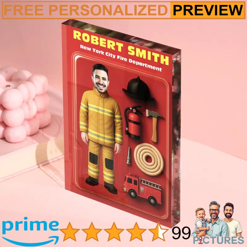 Firefighter Personalized 3D Effect Action Figure Customizable Head Packaging Acrylic Block Plaque