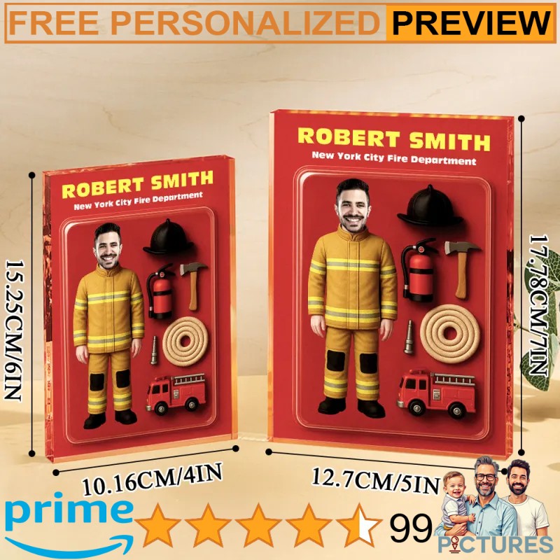 Firefighter Personalized 3D Effect Action Figure Customizable Head Packaging Acrylic Block Plaque