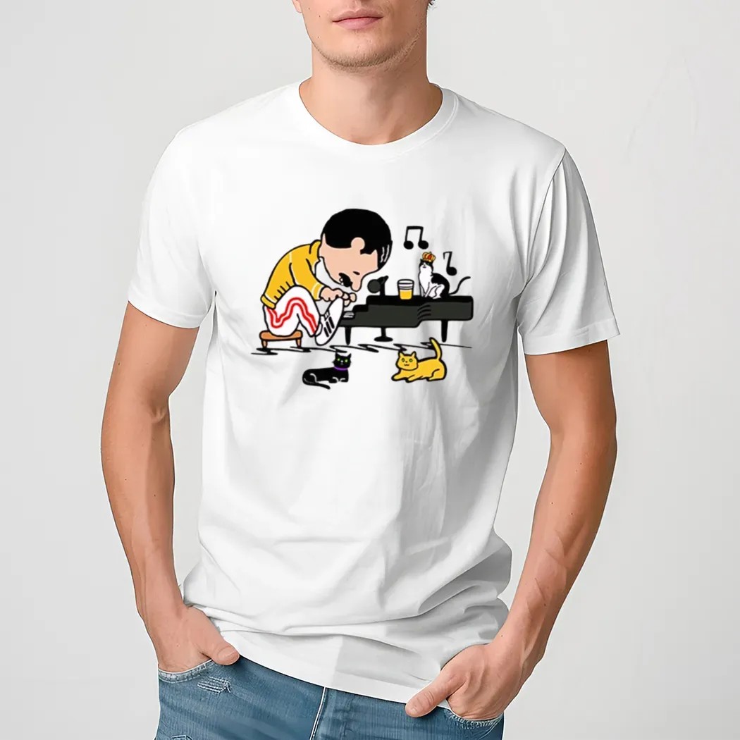 Freddie Mercury In The Form Of Schroeder Peanuts Playing Piano Cartoon T Shirt