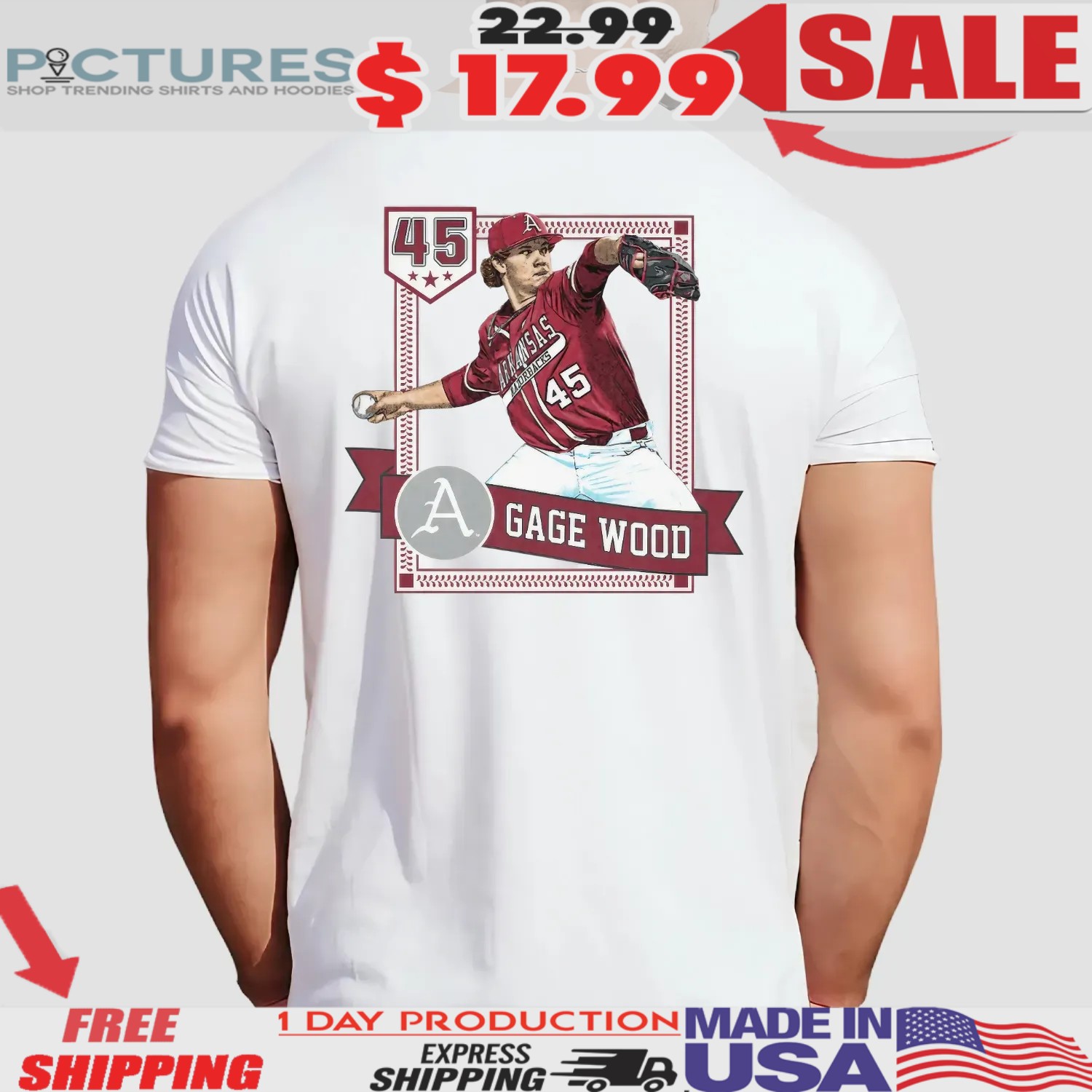 Arkansas Razorback Gage Wood 45 Baseball Player T Shirt